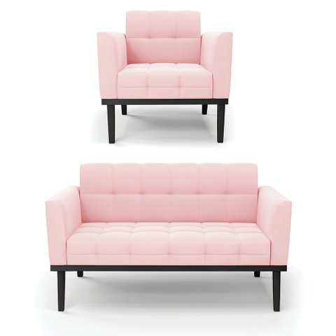 Conjunto Poltrona e Namoradeira Decorativa Karen Pés Fixo em Madeira Preto Suede Rosa Bebê G19 - Gra