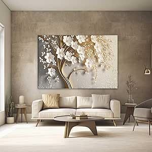 Quadro Decorativo Floral Dourado e Branco 40x60 Quarto Sala Hall Decoração