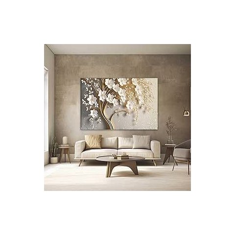 Quadro Decorativo Floral Dourado e Branco 40x60 Quarto Sala Hall Decoração