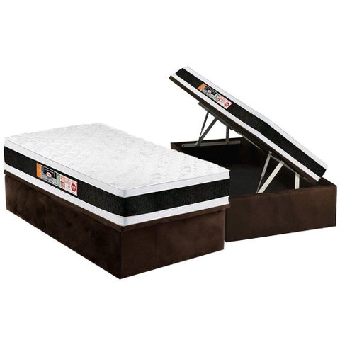 Cama Box Baú Solteiro: Colchão Espuma Castor D45 Black e White Air Double Face + Base CRC Suede Brow