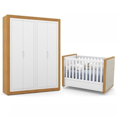 Jogo de Quarto Infantil com Guarda Roupa 4 Portas e Berço com Capitonê Tutto New Branco Soft/freijó