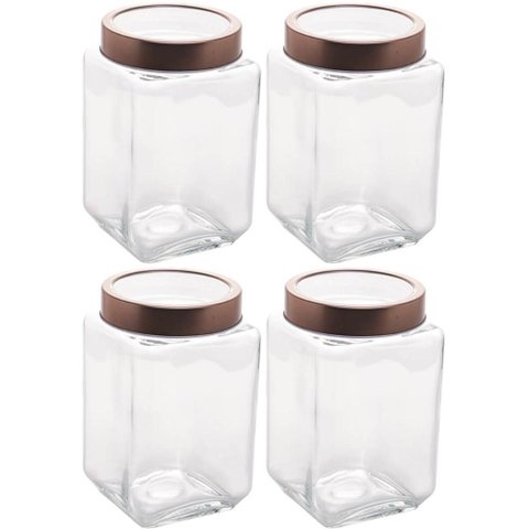 Kit 4 Potes Porta Mantimentos de Vidro 1,7l Tampa Metal Rose Gold Lyor Gastro