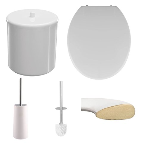 Assento Sanitário Almofadado Oval Branco + Lixeira Branca 6l Redonda C/ Tampa + Escova Sanitária Bas