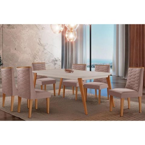 Conjunto: Mesa Sala Jantar Havana Tampo c/ Vidro Curvo 180cm+6 Cadeiras Dafne Madeira Naturale/Off