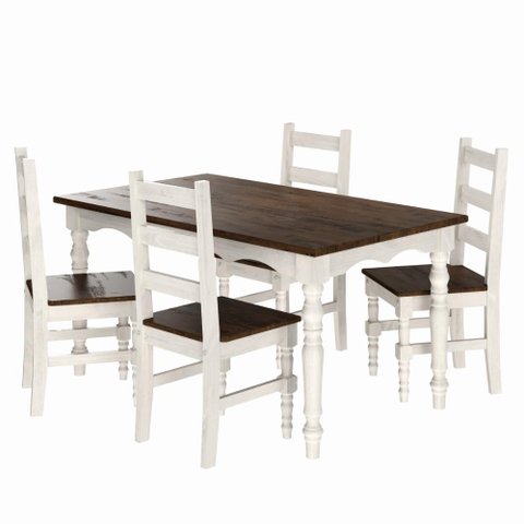 Conjunto de Mesa e 4 Cadeiras Torneadas de Madeira Maciça Branco Envelhecido