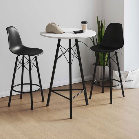 Conjunto Mesa Bistrô Redonda Estrutura em Ferro Preto com Tampo Branco com 2 Banquetas Eames Preta