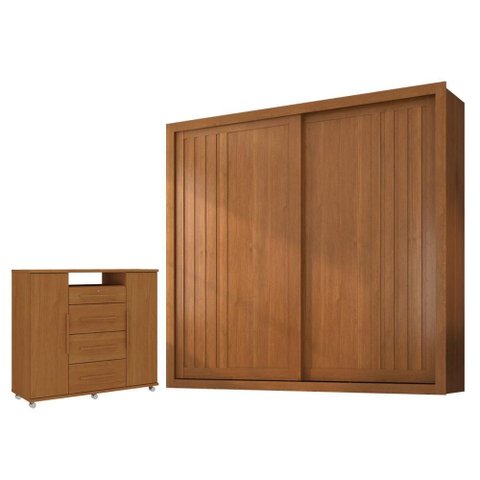 Guarda Roupa Casal Versalles 2 Portas e Cômoda Sapateira Versátil 4 Gavetas Cinamomo Fosco -