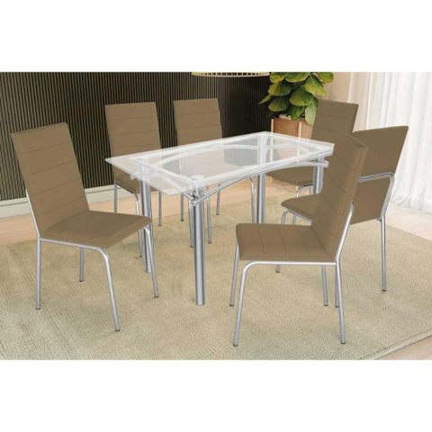 Sala de Jantar Completa Elba C/ Tampo de Vidro 150cm e 6 Cadeiras Amsterdã Cromada - Courano