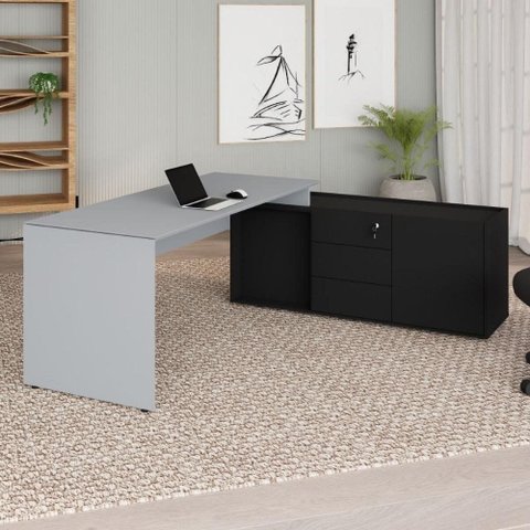 Mesa Diretor Dinâmica em L 2,00 m X 1,70 m com Tampo e Pés Painel Chanfrados e Armário Pedestal