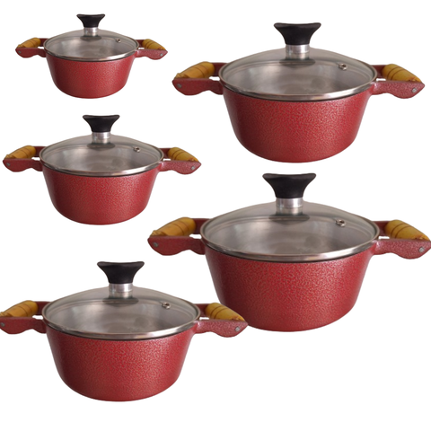 Jogo Panelas Fundida Craqueada 5pçs Tampa Vidro Alça Madeira