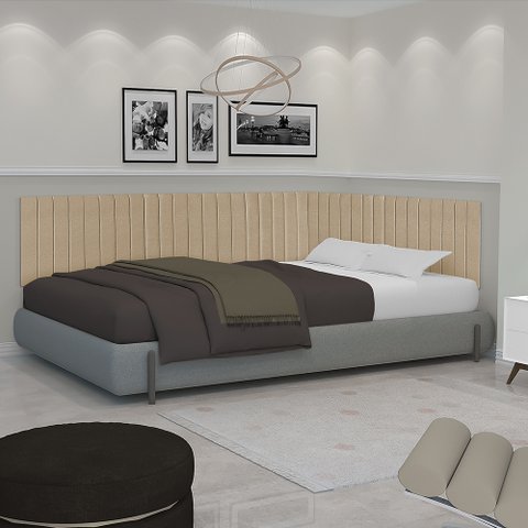 Conjunto de Cabeceira Viuva Solteirão Palito Estofado Suspensa com Proteção Lateral - 128 Cm - Bege