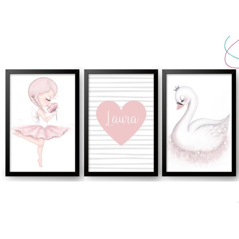 Kit 3 Quadros Decorativos - Bailarina Cisne Moldura Vidro:preta