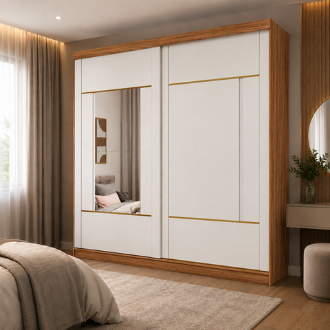 Guarda-Roupa Casal Elise 2 Portas de Correr 4 Gavetas com Espelhos 100 MDF Pm Home