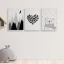 Ver imagem 1 de Kit 3 Quadros Urso E Montanha Escandinavo 24x18cm - com vidro:Madeira preta