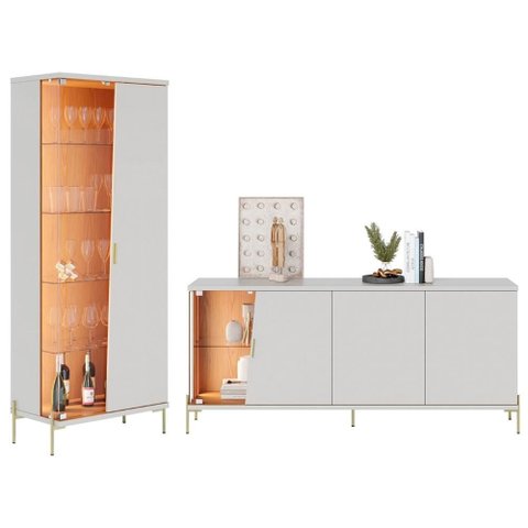 Buffet e Cristaleira com Led Pé Metal Mercuri Off/freijó C05 - Mpozenato