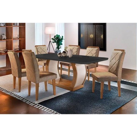 Sala de Jantar Completa Jade Tampo Madeirado C/ Vidro Curvo 180x90 e 6 Cadeiras Melissa Imbuia -