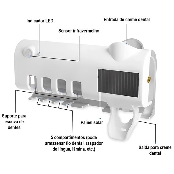 Dispenser Automático de Pasta e Esterilizador de Escova com Luz Uv Suporte Antibacteriano - 3