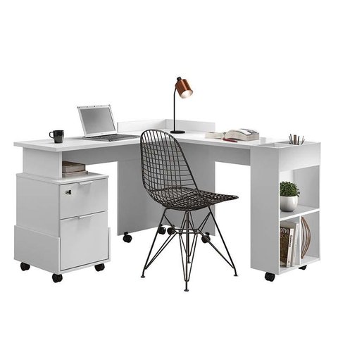 Conjunto de Mesa Para Escritório Estudos Alessa M1 M2 Lukaliam Branco