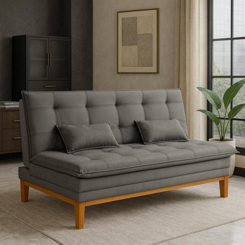 Sofá Cama Reclinável Melim 2 Lugares Confortável Suede Pés de Madeira