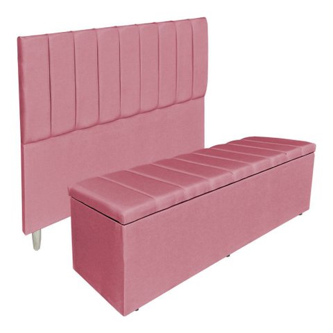 Kit Cabeceira e Calçadeira Baú Casal Queen 1,60m Londres Veludo Rosa Dal Poz Estofados