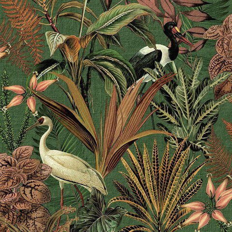 Papel de Parede Folhagem e Garças Verde Escuro Vinilico+cola Inclusa
