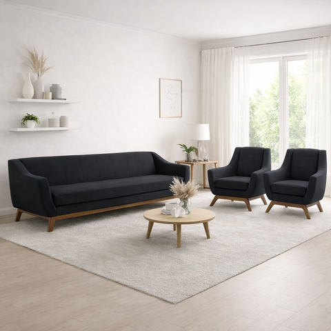 Conjunto Milano Sofá 3 Lugares e 2 Poltronas em Veludo Preto - Larbelle
