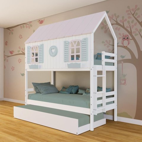 Treliche Casinha Bela com Coração - Madeira Maciça Branco/Rosa/Verde | Megamobilia