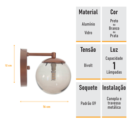 Arandela Figo Bronze com Globo de Vidro Fumê - 7