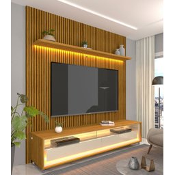 Rack com Painel 1.8 com LED Requinte Naturale com Off White - Gelius Móveis - 2 Rack com Painel 1.8 com LED Requinte Naturale com Off White - Gelius Móveis - 2