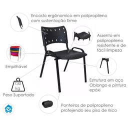 Kit com 10 Cadeiras Iso para Escola Escritório Comércio Preta Base Preta Ecomhome - 8