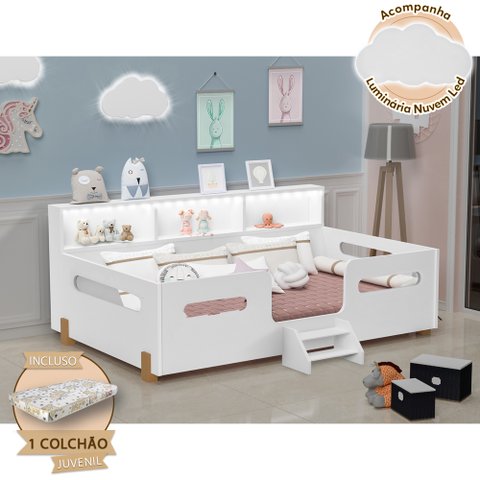 Cama Juvenil Mary com Escada Led e Nicho Colchão Branco/mel Acompanha Luminária Nuvem