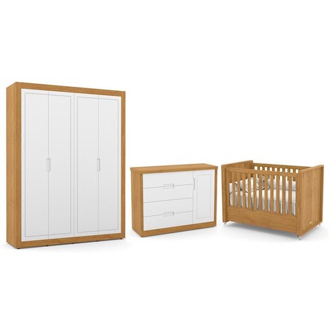 Dormitório Tutto New 4 Portas, Cômoda 1 Porta, Berço Freijó/Branco Soft - Matic Móveis