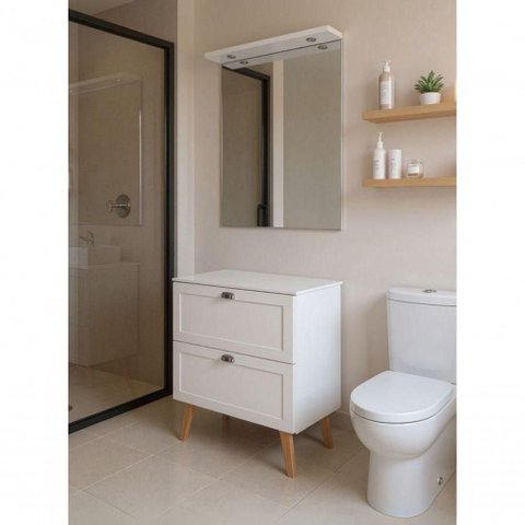 Gabinete para Banheiro Milano 3 Gavetas MDF 80cm Branco com Espelho LED On Móveis