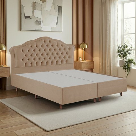 Kit Cama Box King + Cabeceira Estofada em Madeira Maciça Curva Provençal com Capitonê Bege Dourado
