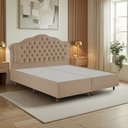 Ver imagem 1 de Kit Cama Box King + Cabeceira Estofada em Madeira Maciça Curva Provençal com Capitonê Bege Dourado
