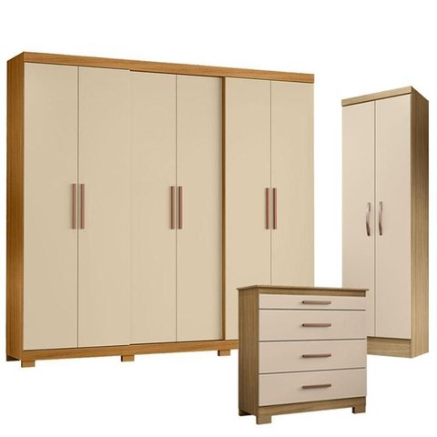 Guarda Roupa Casal San Diego com Cômoda 4 Gavetas New e Armário Multiuso New Egito Carvalho