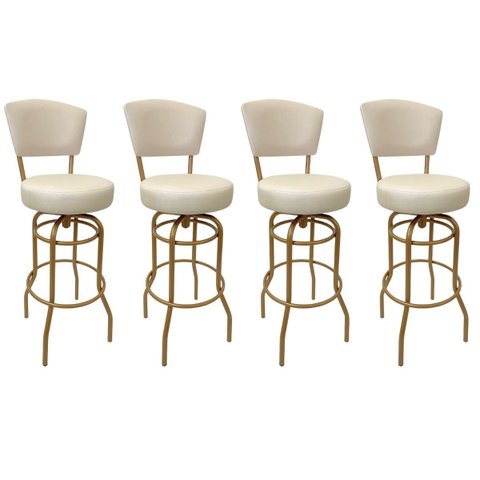 Kit 4 Banquetas Bar Giratória Altura 65cm com Encosto Cor Dourado Fosco Assento Grosso Cor Off White