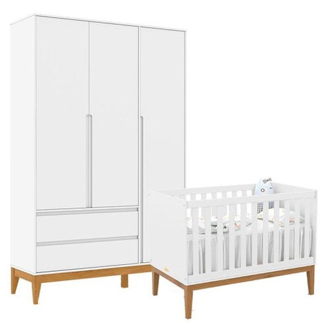 Berço Americano Unique e Guarda Roupa 3 Portas Nature Clean Branco Soft Eco Wood - Matic