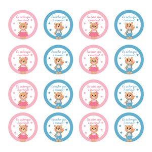 Kit 100 Adesivos Etiquetas Chá Revelação Ursinho Menino e Menino Bolinha