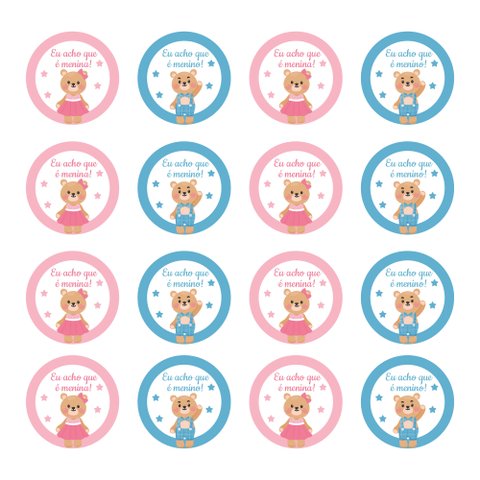Kit 100 Adesivos Etiquetas Chá Revelação Ursinho Menino e Menino Bolinha