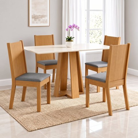 Conjunto Sala de Jantar Mesa Lisa 120cm Tampo MDF Canto Reto 4 Cadeiras Tami