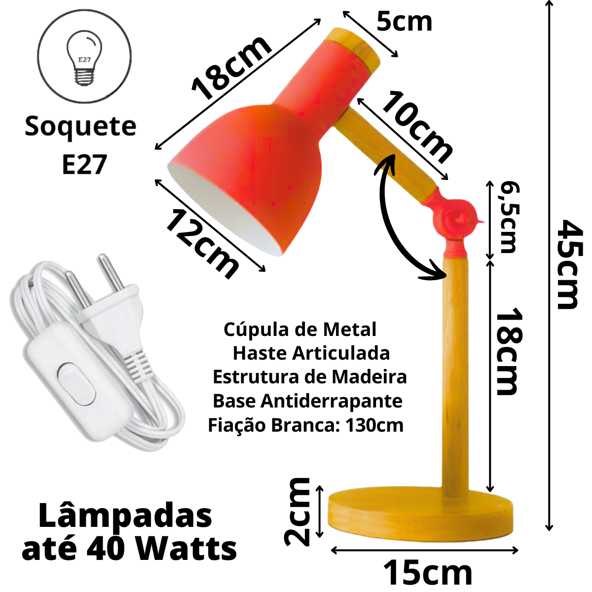 Ver imagem 6 de Luminária Mesa Abajur 45cm Articulada Retrô Madeira Gimpo Kjtd-685-pai:vermelho