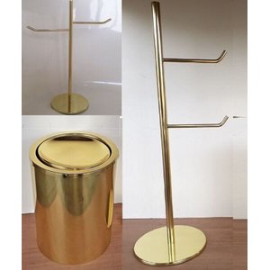Kit Lavabo Dourado, Papeleira, Toalheiro E Lixeira