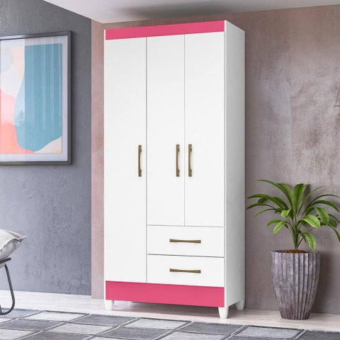 Guarda Roupa Lima 103cm 4 Portas Branco Rosa Flex Moval