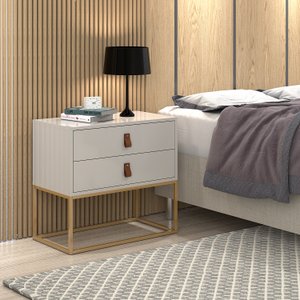 Mesa de Cabeceira Criado Unic 60cm 2 Gavetas para Quarto de Casal Off White Acabamento Brilhante