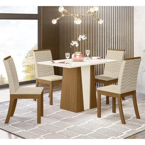 Conjunto Sala de Jantar Tampo Mdf Canto Reto 120 Cm 04 Cadeiras Dulce Henn Nature Off White e Linho