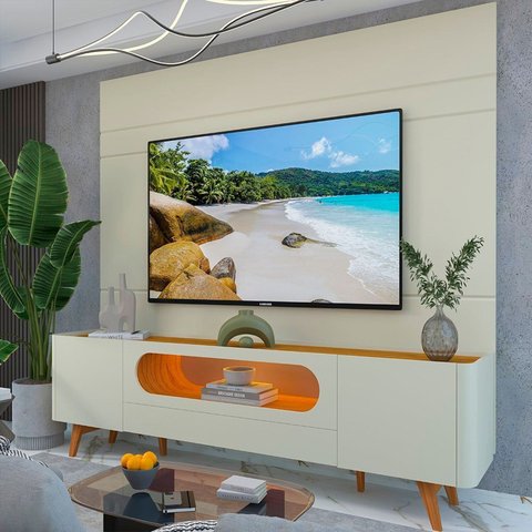 Rack com Painel para TV até 84 Polegadas com LED 100% MDF 217CMX237CM Pés em Madeira Maciça LED 1 Gaveta 2 Portas Luminare Nobre