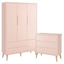 Ver imagem 1 de Cômoda Infantil Gaveteiro e Guarda Roupa 3 Portas Theo Rosa com Pés Madeira Natural – Reller