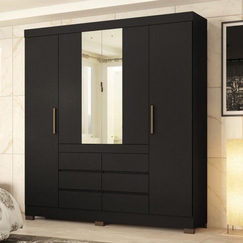 Guarda-roupa Casal Cádis 4 Portas 6 Gavetas com Espelho Preto/amêndola - Demóbile