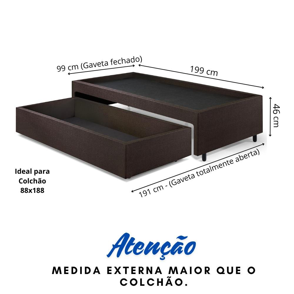 Box Solteiro com Gaveta 88x188 Cm, Medida Externa 99x199x38 Cm, Revestida em courino Linho - 4